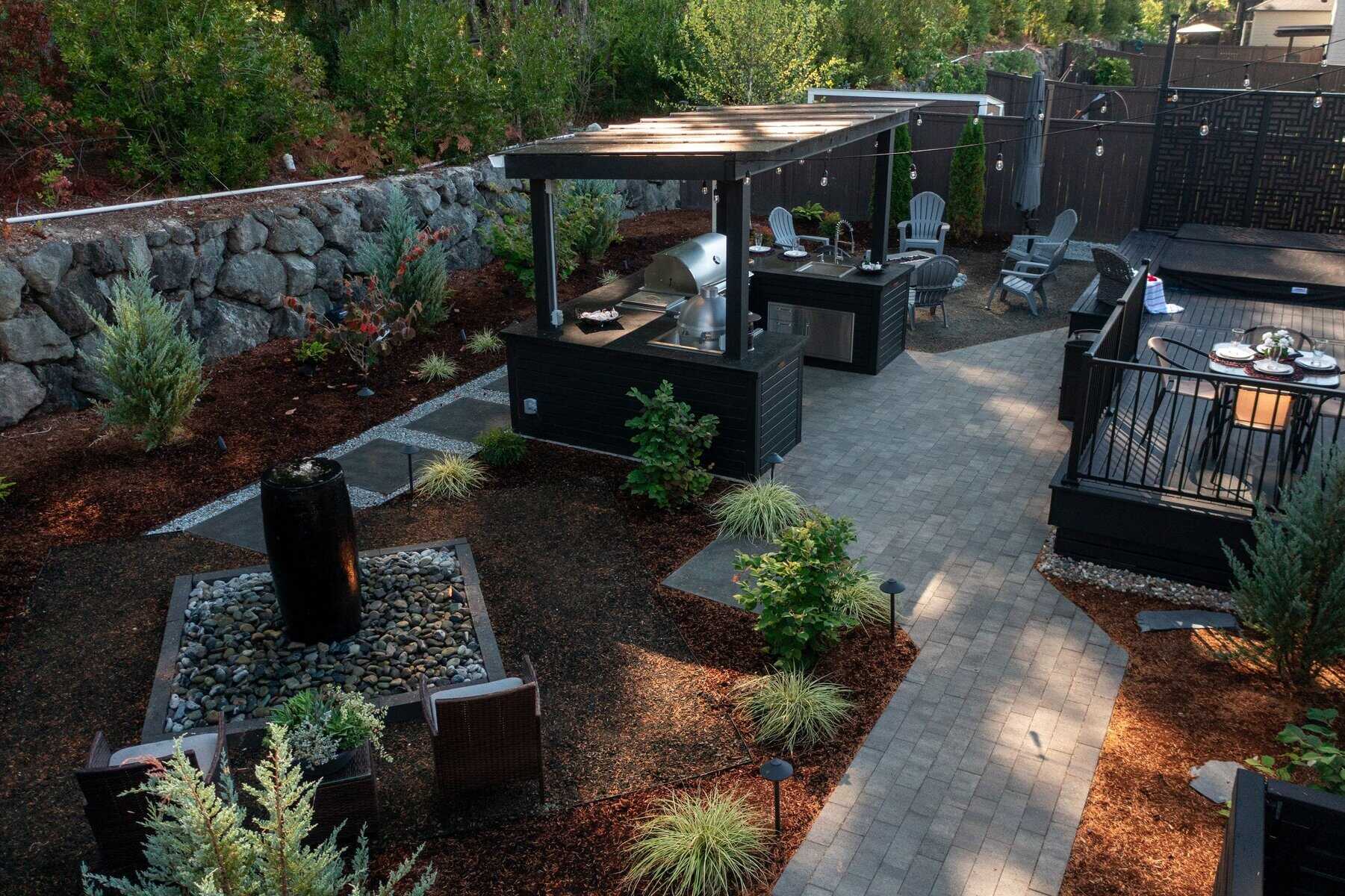 Custom outdoor kitchen with cedar deck, hot tub, and fire pit, Gig Harbor